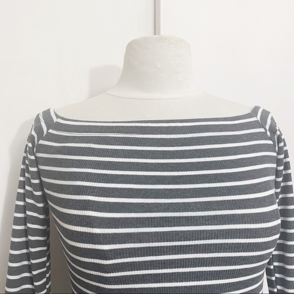 OHCONCEPT rib boat neck on/off shoulder mini dress gray & white stripe M - Picture 2 of 8